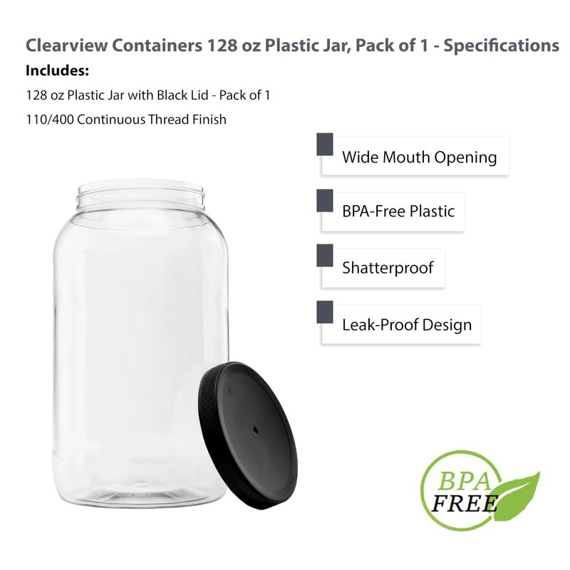 CLEARVIEW CONTAINERS - 128 Ounce Plastic Gallon Jar with 110/400 Black Leak Proof Seal Lid - Food Grade and BPA Free (128oz, 1pk, BLK) - Image 4